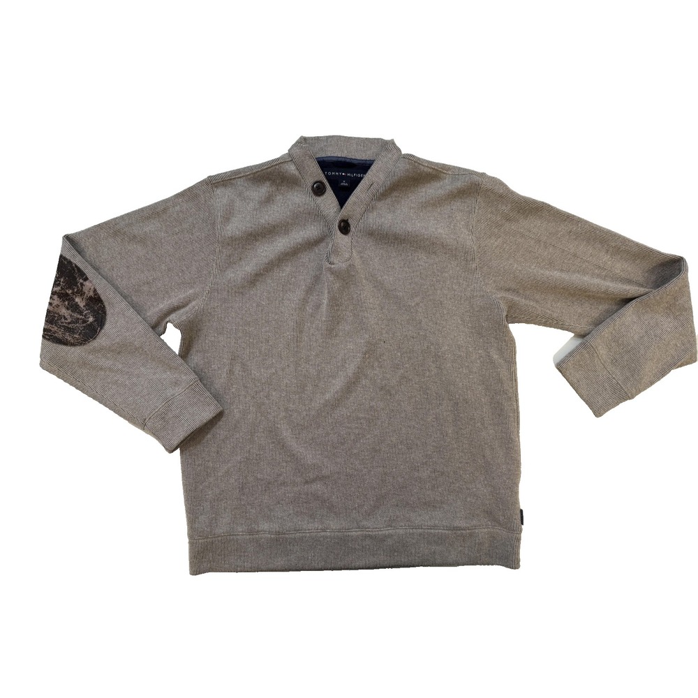 Vintage Tommy Hilfiger Sweater Mens MED Beige Shawl Collar Elbow‎ Patch Y2K 00s